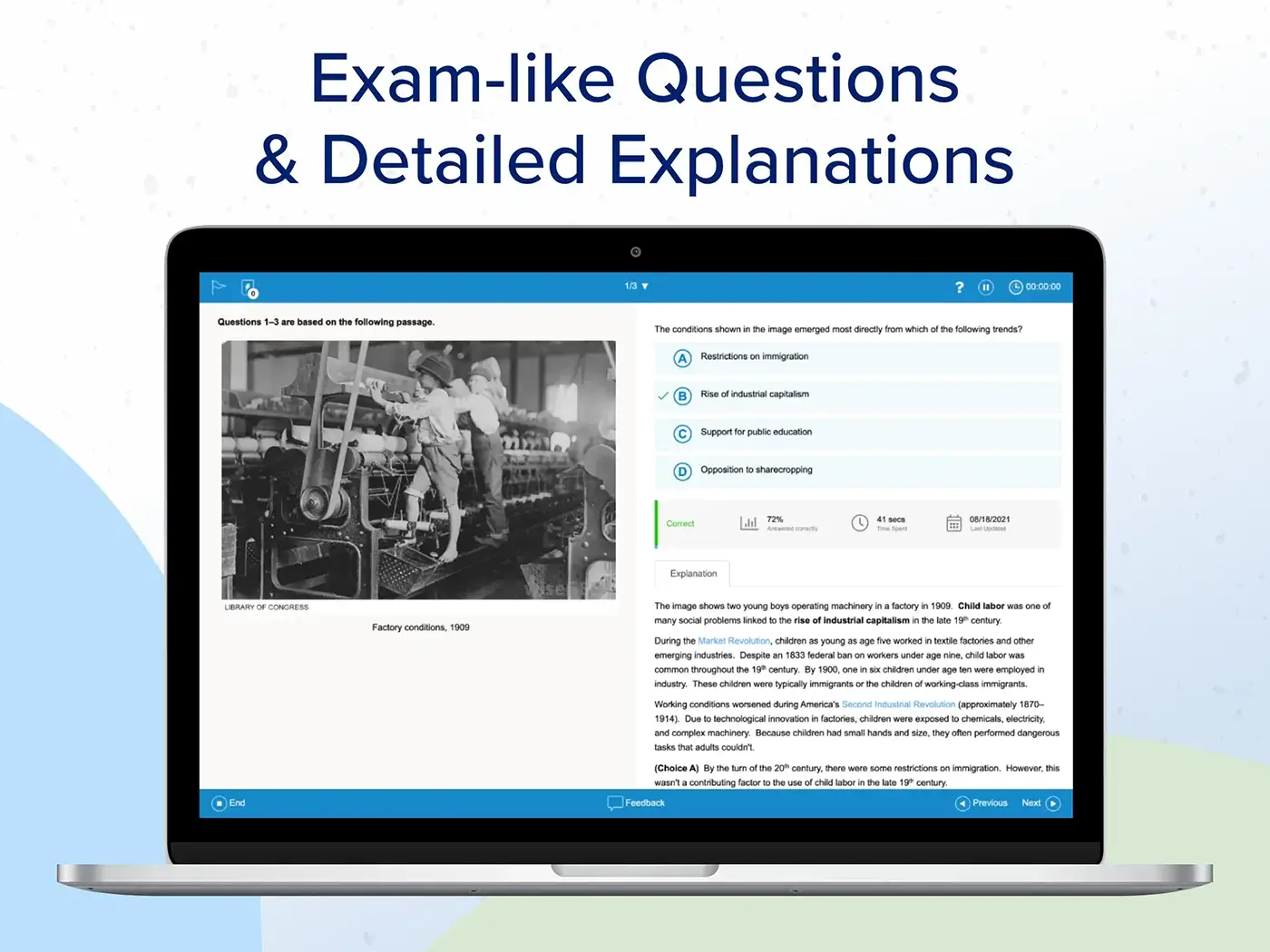 Exam-like questions and detailed answer explanations