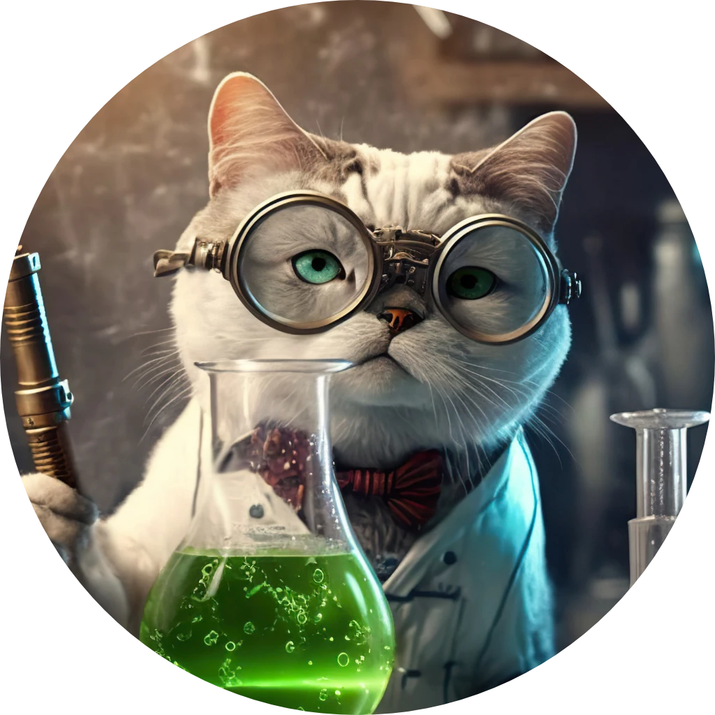 Two cats wearing science goggles and lab coats work with bubbling chemicals in a science lab.