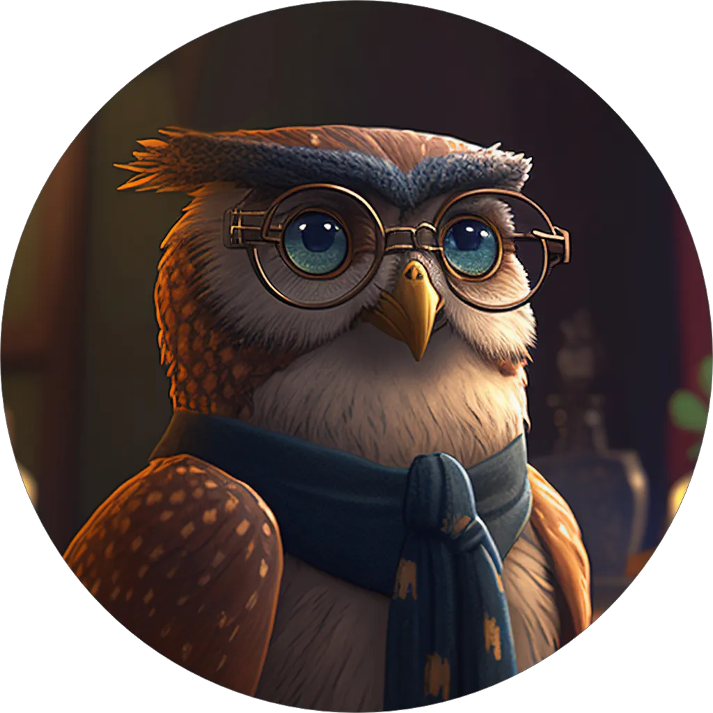 A wise owl in a scarf and glasses looks knowingly into the distance.