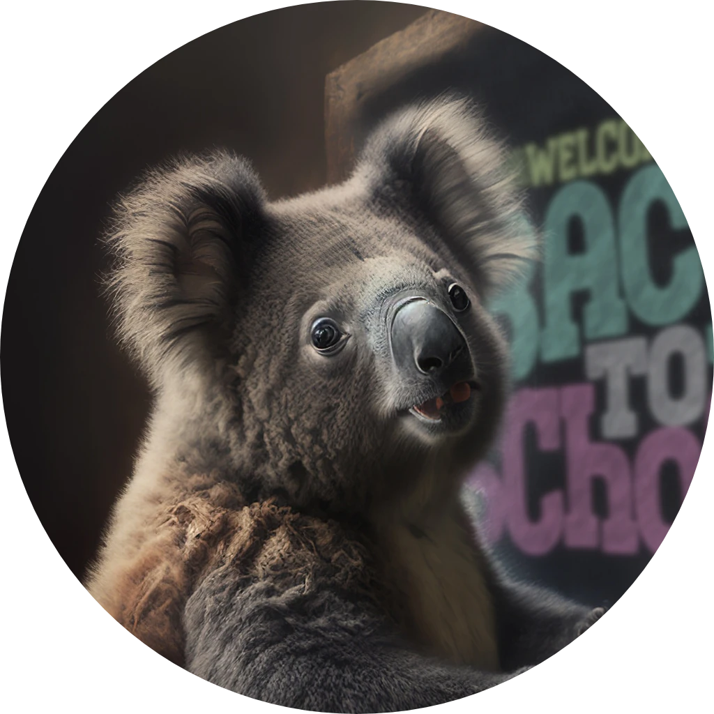 A koala stands in front of a blackboard while sorting through a prior lesson with a pencil.