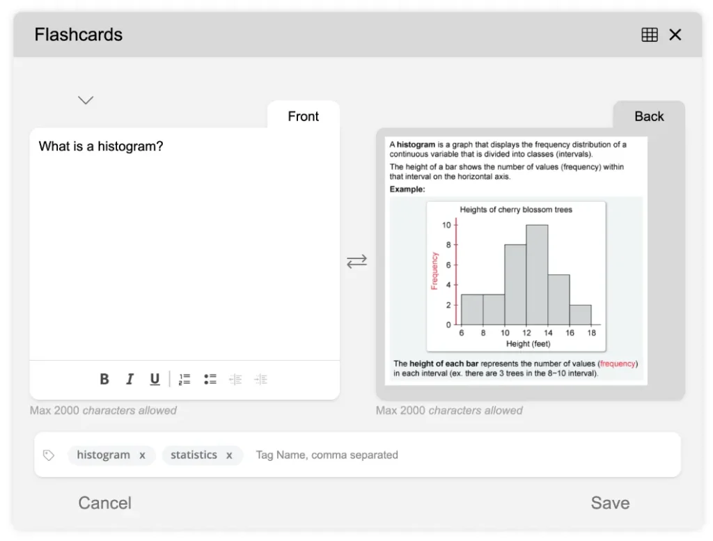 An example of an AP Statistics flashcard from UWorld’s flashcards feature.