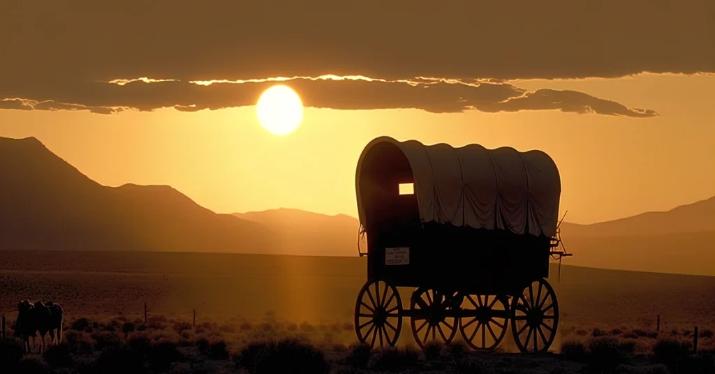 A 19th covered wagon makes its way across the United States plains