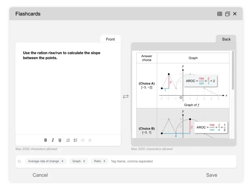 An example of an AP Calculus flashcard from UWorld’s flashcards feature.
