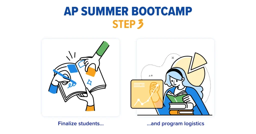 A two-part comic strip shows a high school principal finalizing student lists and program logistics for an AP summer boot camp.
