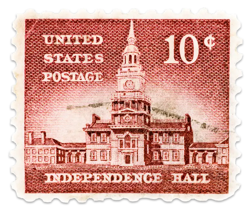 A 10-cent U.S. Postage stamp shows a red and white sketch of Independence Hall.