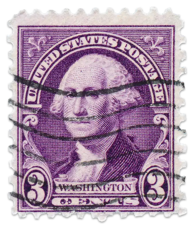 A vintage stamp with a portrait of the first President of the United States, George Washington.