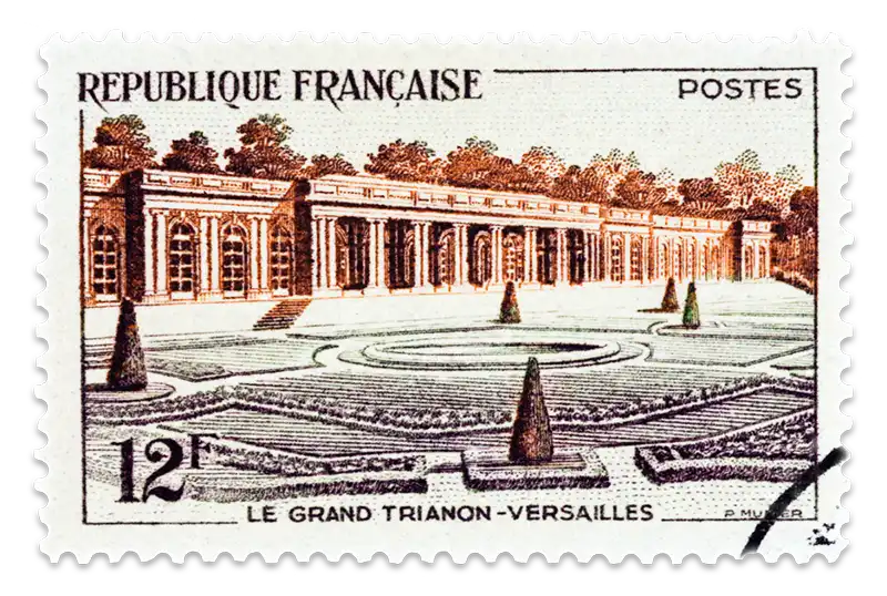 A stamp with a sketch of France's Palace of Versailles, where The Treaty of Versailles was signed in 1919.