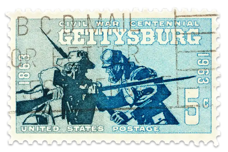 A vintage stamp with the words “Civil War Centennial Gettysburg” at the top shows two Civil War soldiers fighting with bayonets.