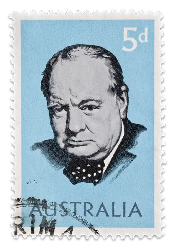 A blue stamp with a black and white portrait of Winston Churchill.