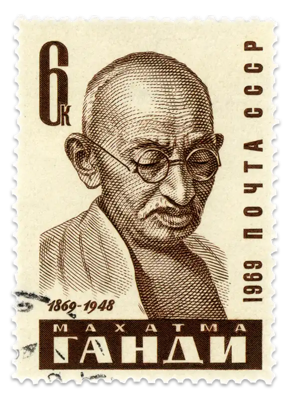 A 1969 stamp with a sketch of Mahatma Gandhi commemorates 100 years since the political ethicist's birth.