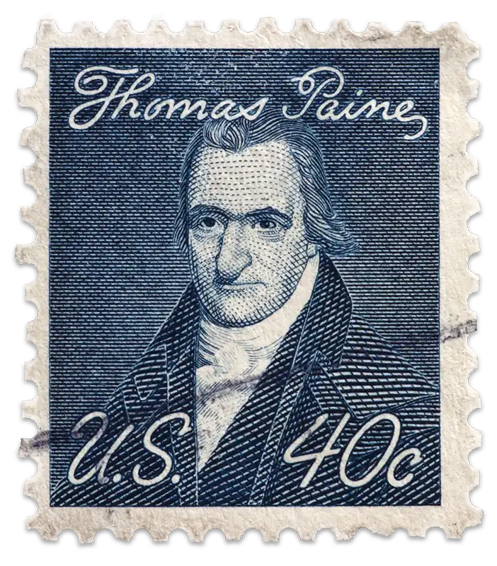 A vintage stamp shows a portrait of one of the American founding fathers, Thomas Paine.