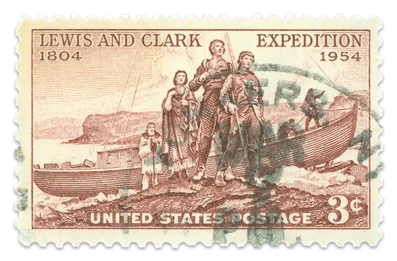 A vintage stamp shows a sketch of Lewis and Clark entering a new land from their boat on their famous expedition.