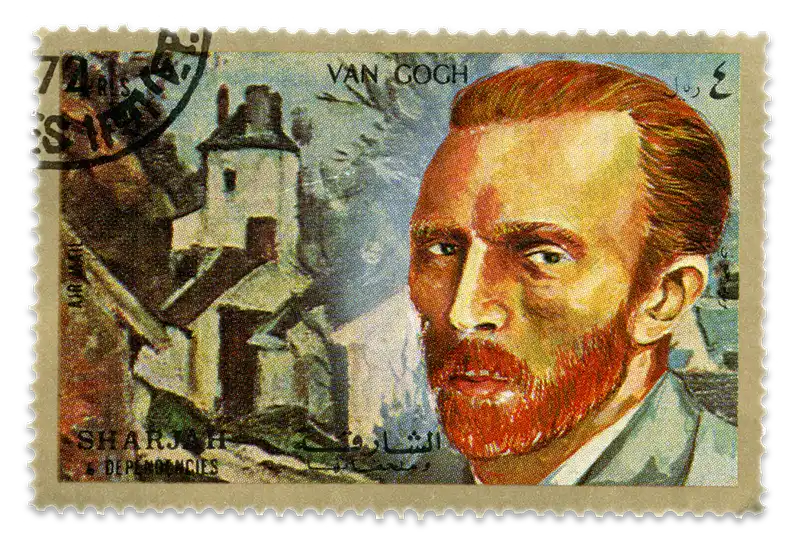 A stamp depicting a self-portrait of artist Vincent Van Gogh and one of his rural paintings.