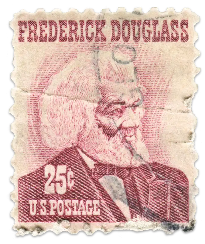 A vintage stamp shows a sketched portrait of Frederick Douglass.