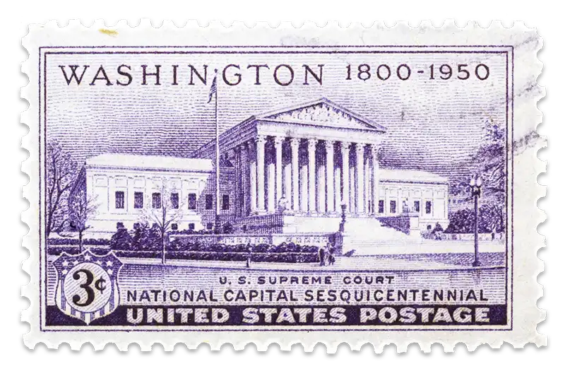 A vintage postage stamp from 1950 shows a sketch of the U.S. Supreme Court.