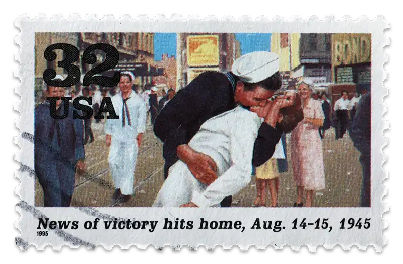 A postage stamp shows a World War II navy sailor kissing a nurse in Times Square.