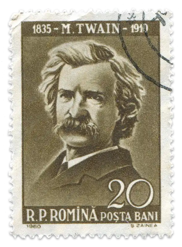 A stamp with a black and white portrait of American author, Mark Twain