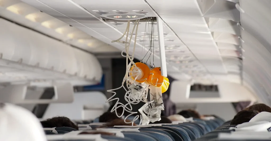 Emergency oxygen masks hang from the ceiling of an airplane.
