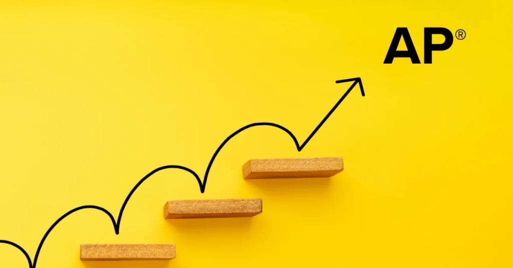 A black arrow bounces up wooden steps against a yellow background, representing growth.