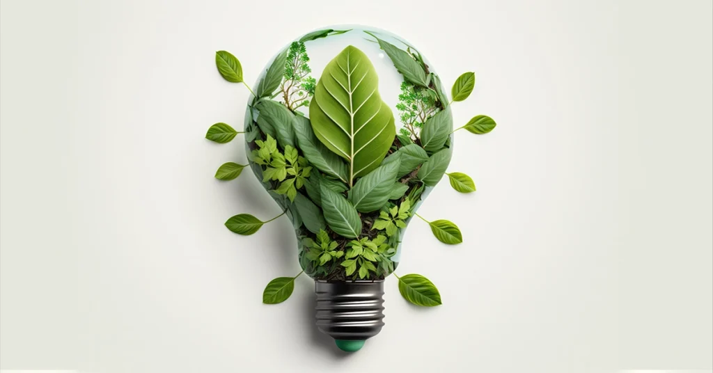 An eco-friendly light bulb emits greenery and leaves rather than electricity and light.