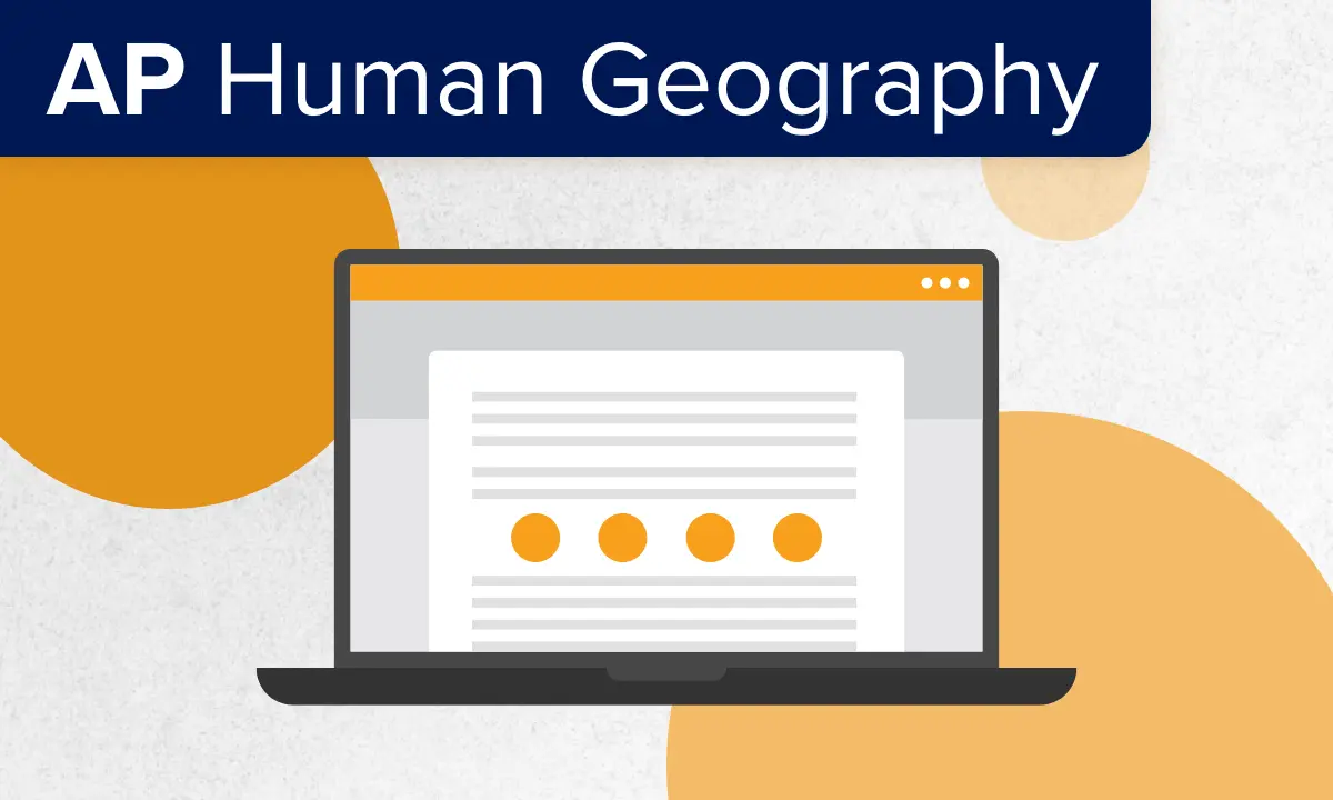 Illustrated laptop screen for UWorld College Readiness digital articles - AP Human Geography