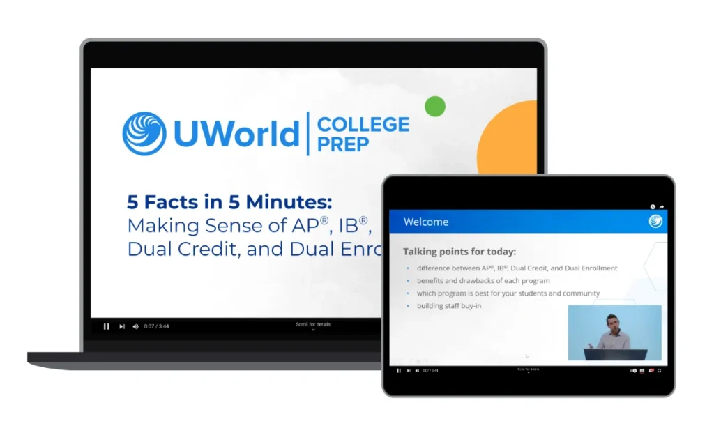 Images of UWorld College Readiness webinars shown on a laptop and tablet screen.