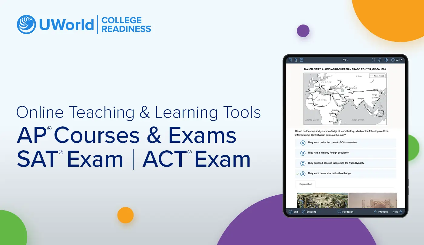Video for UWorld Online Teaching & Learning Tools for AP Courses, the SAT Exam, and the ACT Exam shown in a tablet