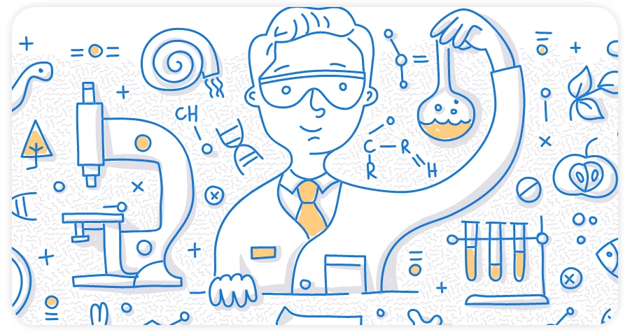 An illustration of a biologist surrounded by biology equipment and data.