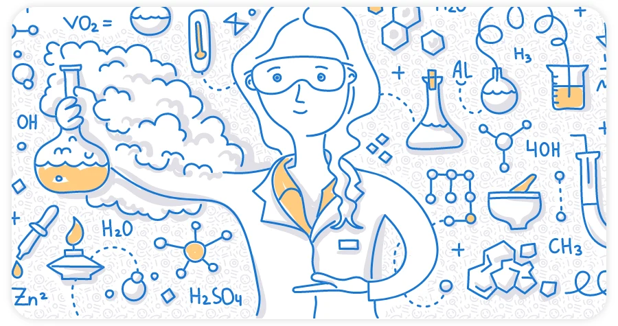 An illustration of a chemist surrounded by chemistry equipment and data.