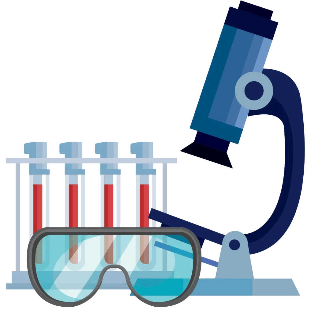 A pair of science lab safety goggles sits in front of test tubes and a microscope.