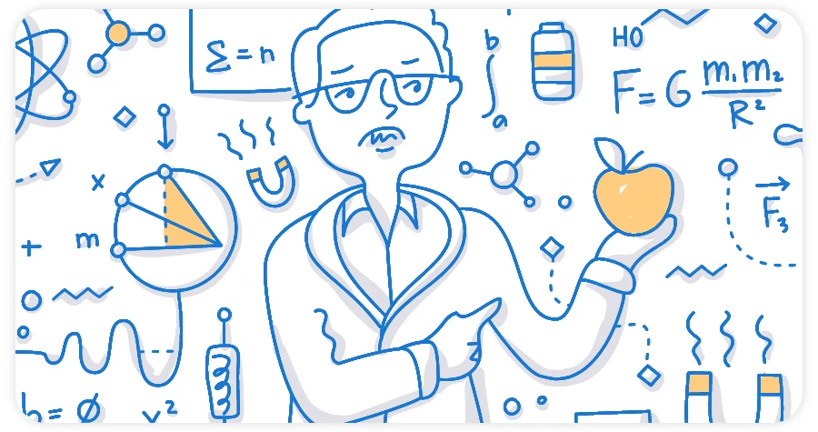 An illustration of a physicist surrounded by physics lab equipment and data