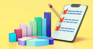 Data charts on a yellow background next to a data report checklist.