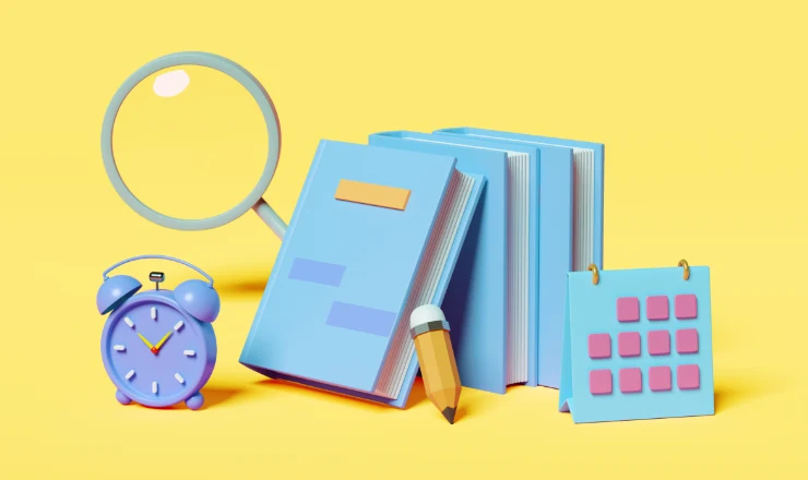A clock, calendar, and school books sit against a pink background.
