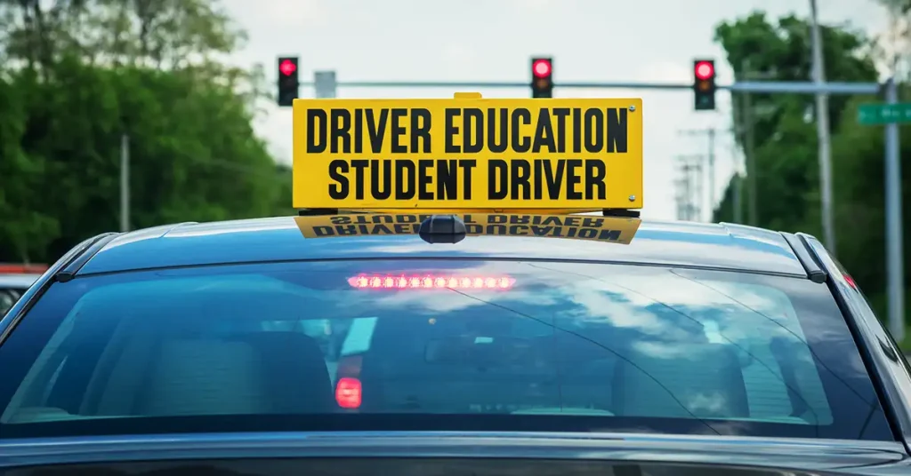 A yellow sign indicating a student driver is behind the wheel sits atop a car that is stopped at a red light.