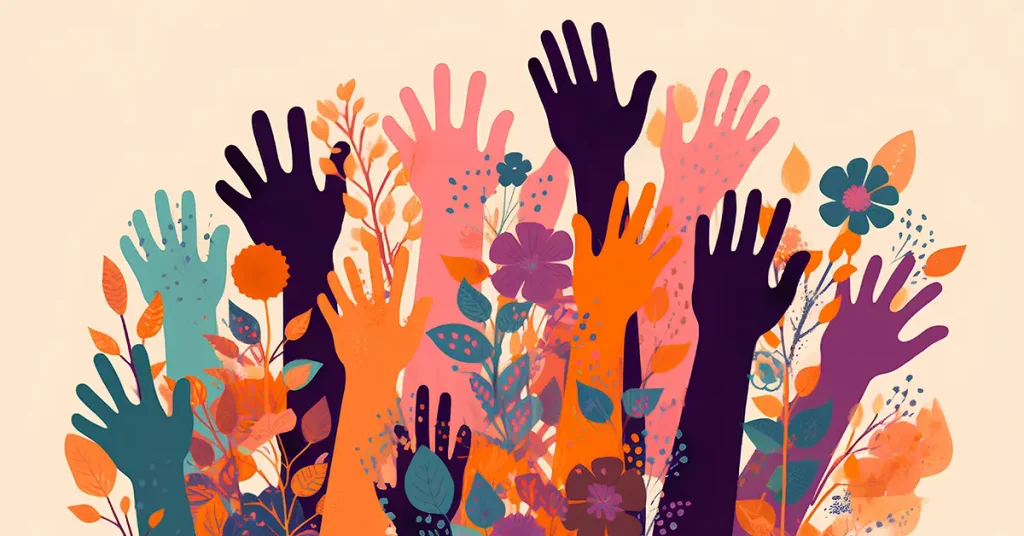 Illustration of diverse hands raised in unity, symbolizing diversity, participation, and collective action in a multicultural society.