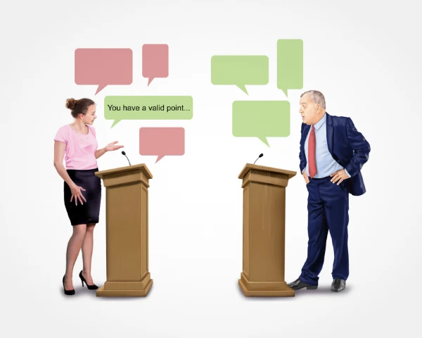 Two people arguing at podiums to demonstrate the concept of concession.