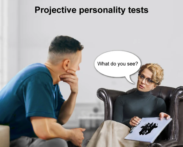 Image depicts a therapist showing a patient an ambiguous picture of an inkblot and asking the patient “What do you see.”