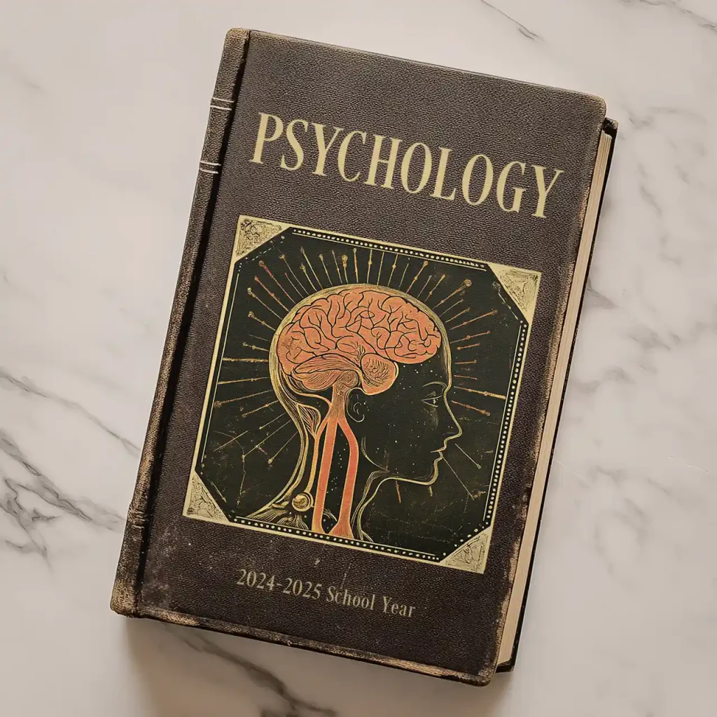 A vintage psychology textbook with a brown and burgundy cover