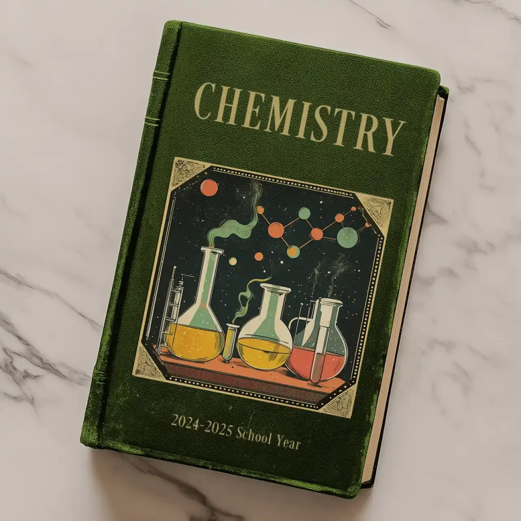 A vintage chemistry textbook with a tan cover