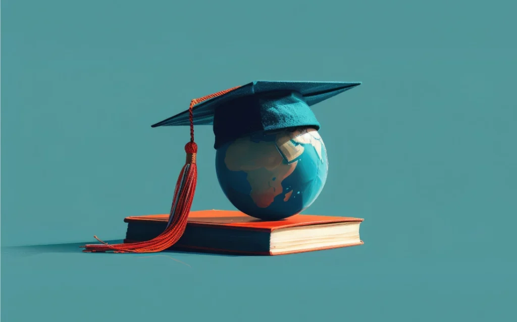 An image showing globe wearing graduation cap on the book