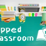 Classroom supplies sit upside down on an upside down desk in a visual representation of a flipped classroom.