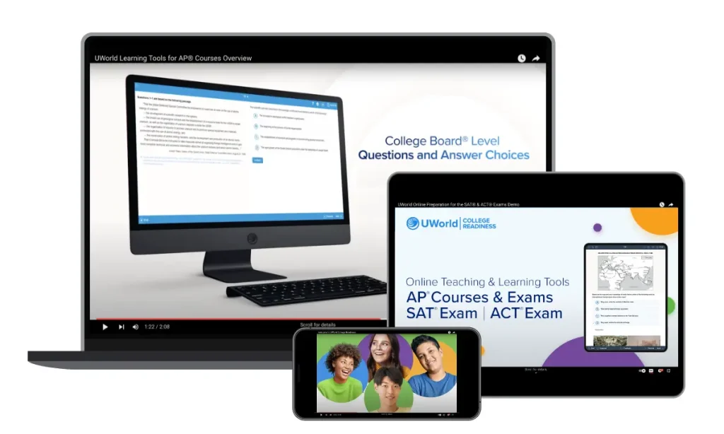 Images of UWorld College Readiness videos shown on multiple device screens.