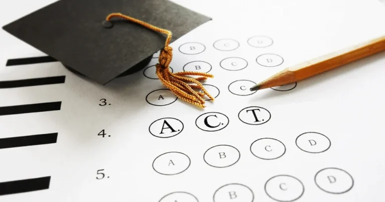 A scantron sheet and pencil with the letters A, C, and T and a graduation hat.