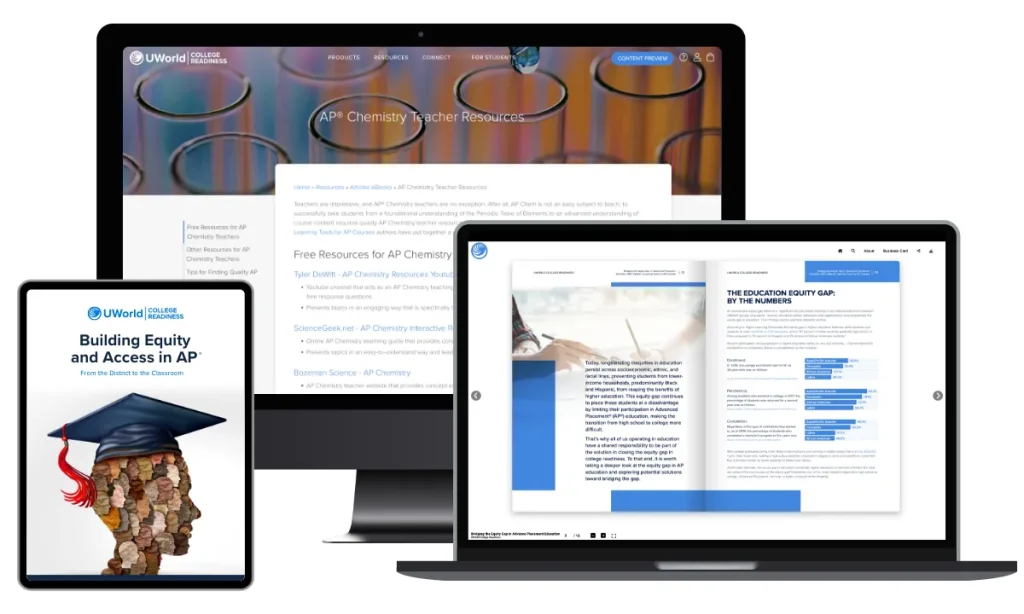 Images of UWorld College Readiness articles and eBooks shown on various device screens.