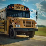 A yellow school bus sits on a country road next to an open field.