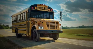 A yellow school bus sits on a country road next to an open field.