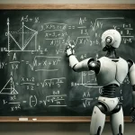 An AI robot completes AP Physics equations on a classroom blackboard.