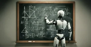 An AI robot completes AP Physics equations on a classroom blackboard.