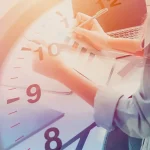 An image of a clock overlays an image of a high school student taking an exam.