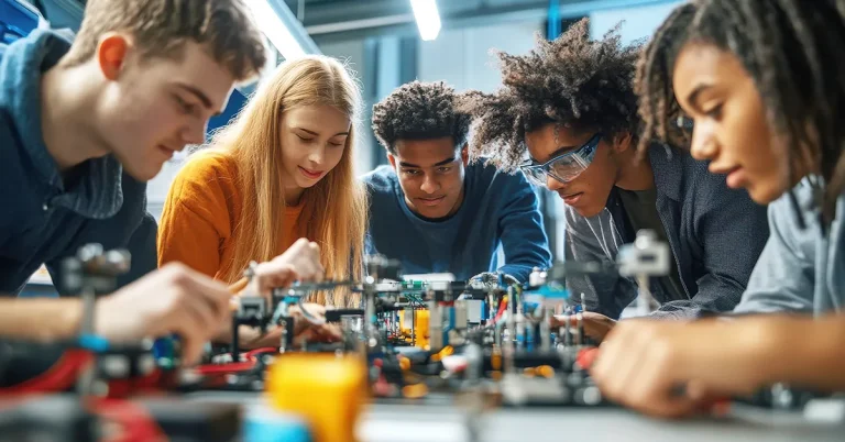 A group of high school students collaborate over a science project involving robots.